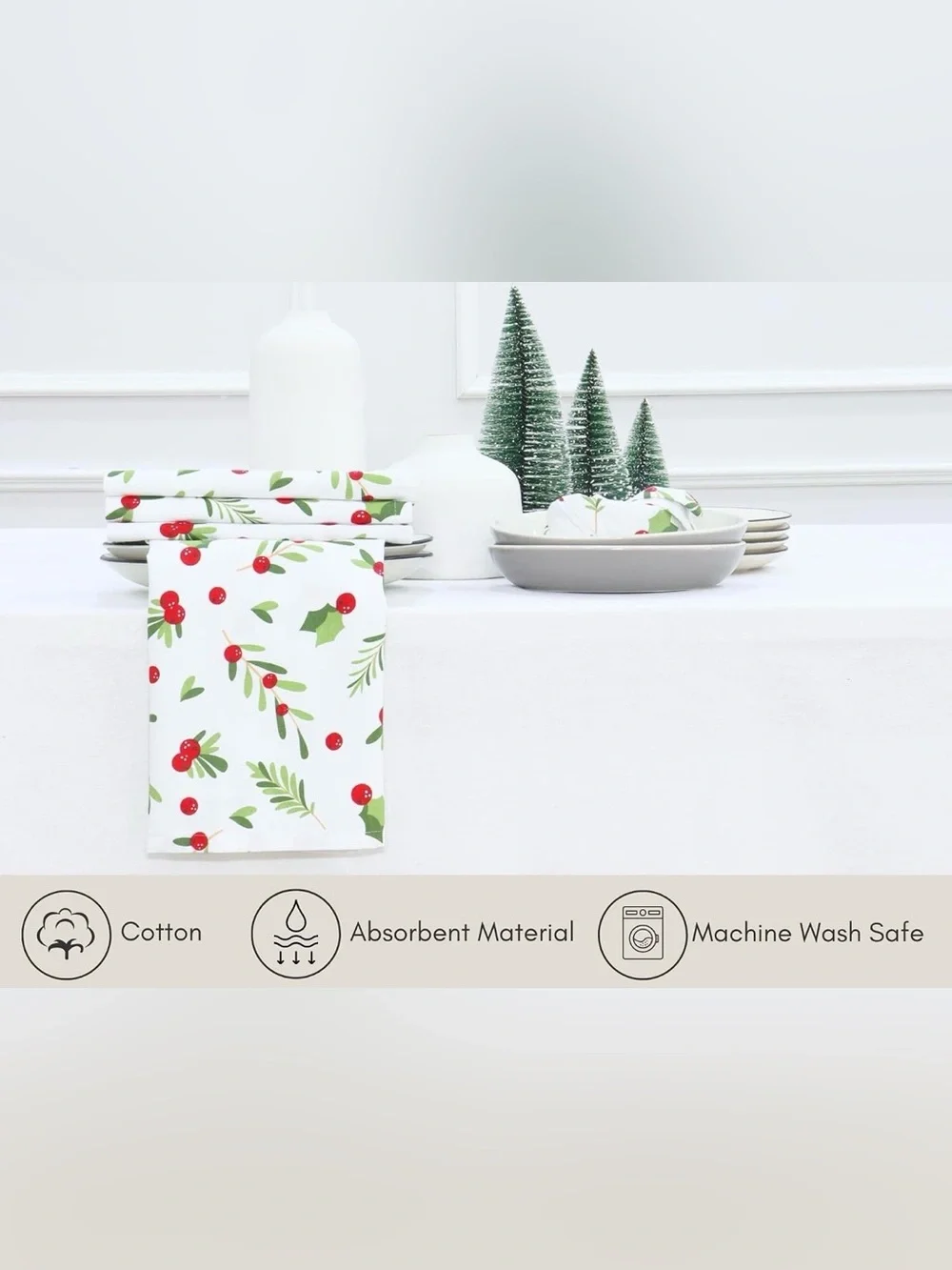 Holiday Cloth Napkins - White with Green & Red Holly Print (Set of 6)